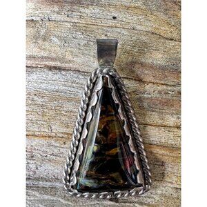 Sterling Silver Triangle Pendant With Multicolor Stone & Rope Detail 7.59g